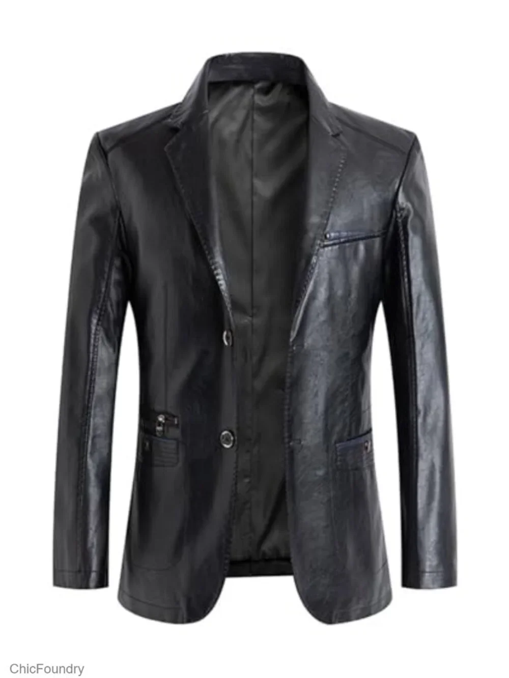 Men's Faux Leather Blazer Notched Collar 2 Button Slim Fit Business Coat